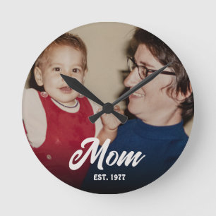 Mom Established Modern White Script Photo Round Clock