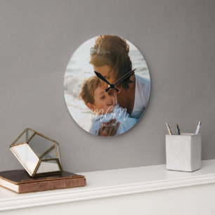 Mom Established Modern White Script Photo Round  Large Clock
