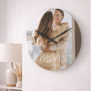 Mom Established Modern White Script Photo Round  Large Clock