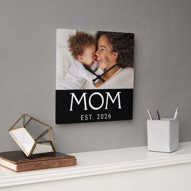 Mom Established Modern White Typography Photo Square Wall Clock (Office)