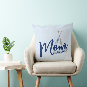 Mom Established Nautical Navy Blue Script Throw Pillow