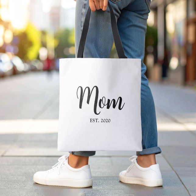 Mom Established New Mom Gift Tote Bag (Elegant Mom established black script tote bag gift)