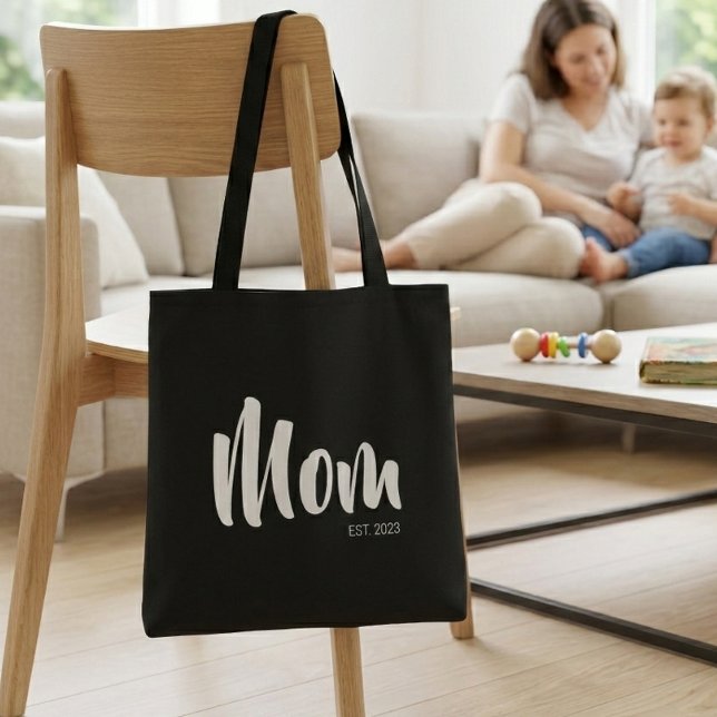 Mom Established New Mom Gift Tote Bag (Mom Established Typography Tote Bag)