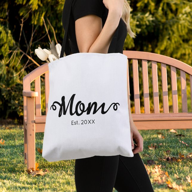 Mom Established New Mom Gift Tote Bag (Mom Established New Mom Gift Tote Bag in White with Black Script Text, Established Est Date.)