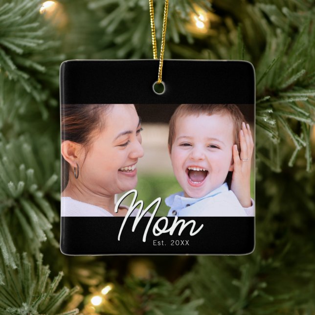 Mom Established Photo Black Script Minimal Elegant Ceramic Ornament (Tree)