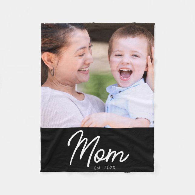 Mom Established Photo Black Script Minimal Elegant Fleece Blanket (Front)