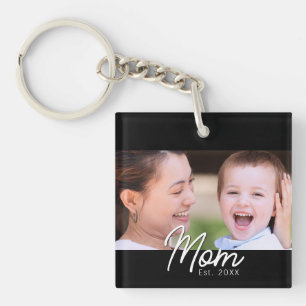 Mom Established Photo Black Script Minimal Elegant Keychain