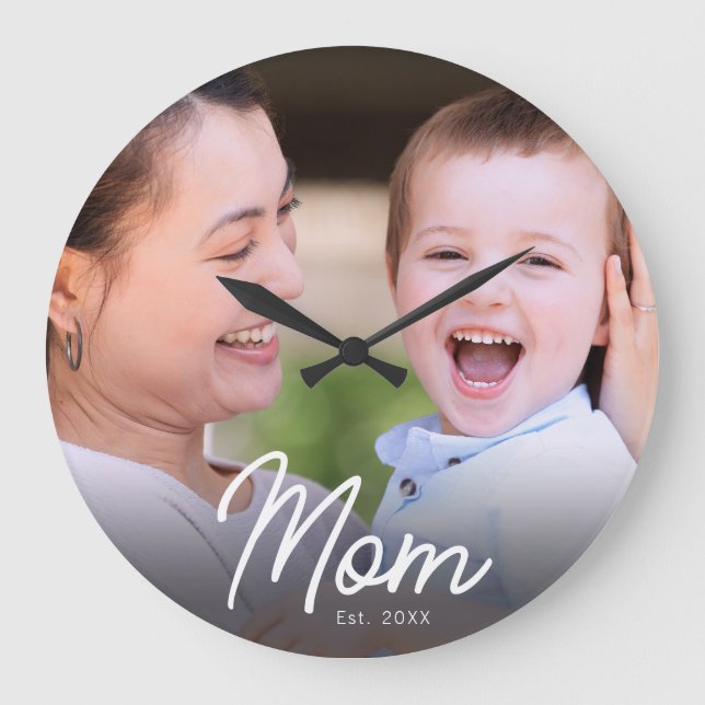 Mom Established Photo Black Script Minimal Elegant Large Clock (Front)