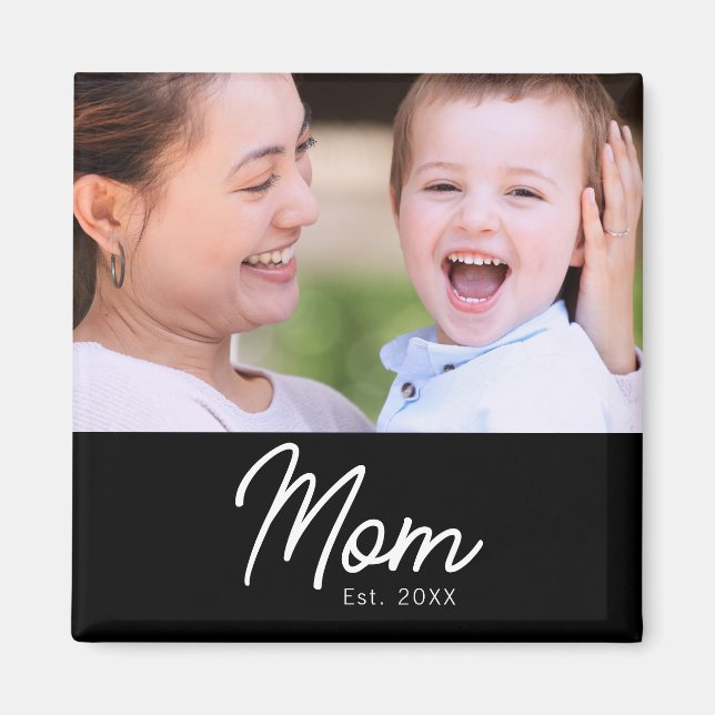 Mom Established Photo Black Script Minimal Elegant Magnet (Front)