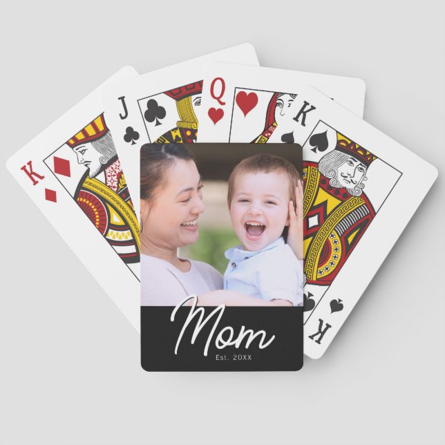 Mom Established Photo Black Script Minimal Elegant Playing Cards (Back)