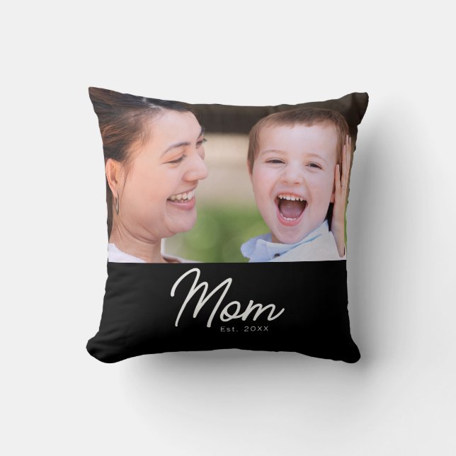 Mom Established Photo Black Script Minimal Elegant Throw Pillow (Front)