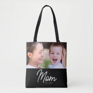 Mom Established Photo Black Script Minimal Elegant Tote Bag
