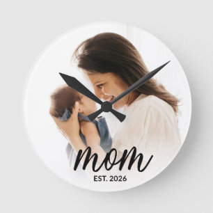 Mom Established Photo Black Script Round Clock