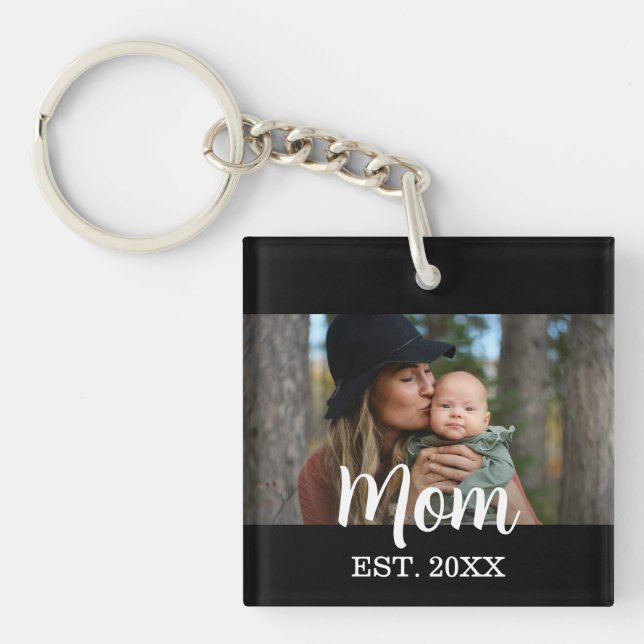 Mom Established Photo Mother's Day Black Keychain (Front)