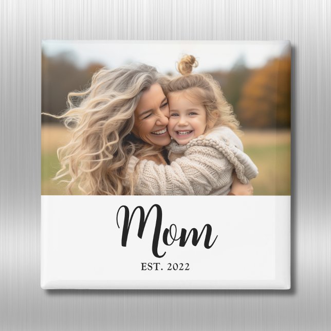 Mom Established Photo Script Text Gift Magnet (Mom established fridge magnet with elegant personalizable black script and customizable photo)