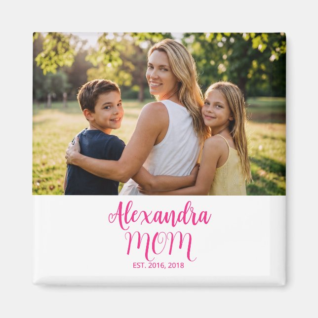 Mom Established Pink Script Name Photo  Magnet (Front)