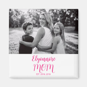Mom Established Pink Script Name Photo Magnet