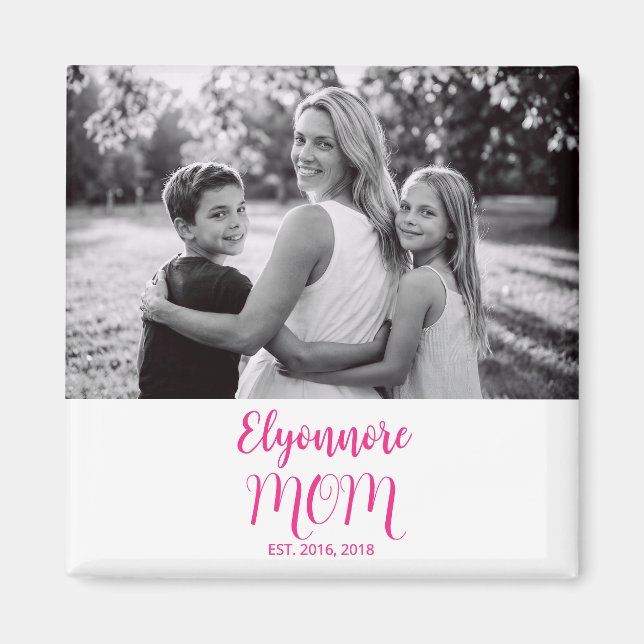Mom Established Pink Script Name Photo Magnet (Front)
