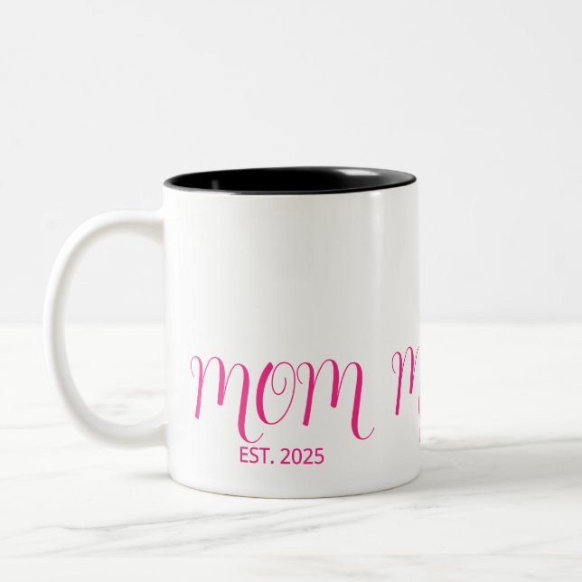 Mom Established Pink Script New Mom Gift  Two-Tone Coffee Mug (Left)