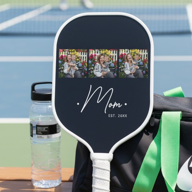 Mom Established Script 3 Photo Black Pickleball Paddle (Creator Uploaded)