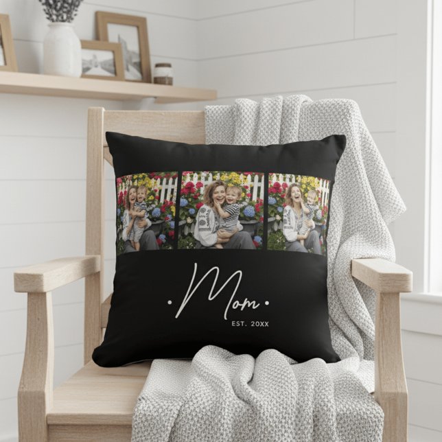 Mom Established Script 3 Photo Black Throw Pillow (Creator Uploaded)