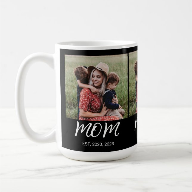 Mom Established Script Black 3 Photo Coffee Mug (Left)