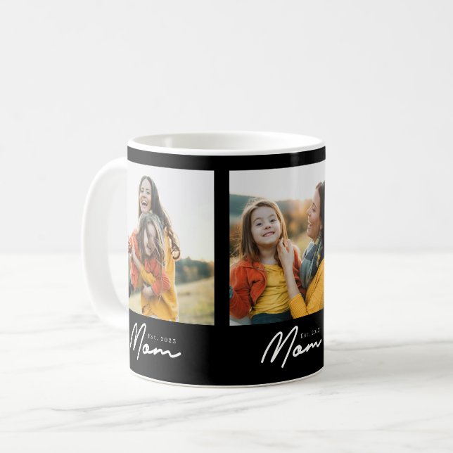 Mom Established Script Black 3 Photo Coffee Mug (Front Left)