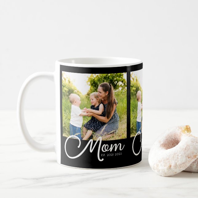 Mom Established Script Black 3 Photo  Coffee Mug (With Donut)