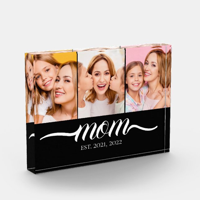 Mom Established Script Black 3 Photo Collage Block (Left)