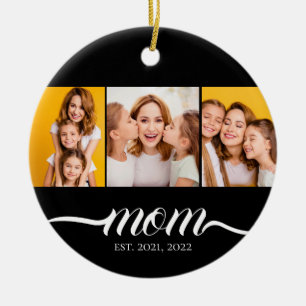 Mom Established Script Black 3 Photo Collage Ceramic Ornament