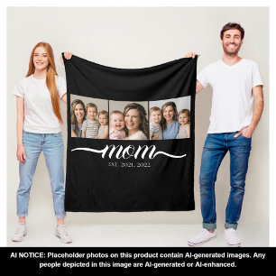 Mom Established Script Black 3 Photo Collage Fleece Blanket