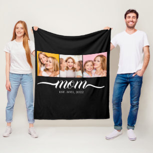 Mom Established Script Black 3 Photo Collage Fleece Blanket