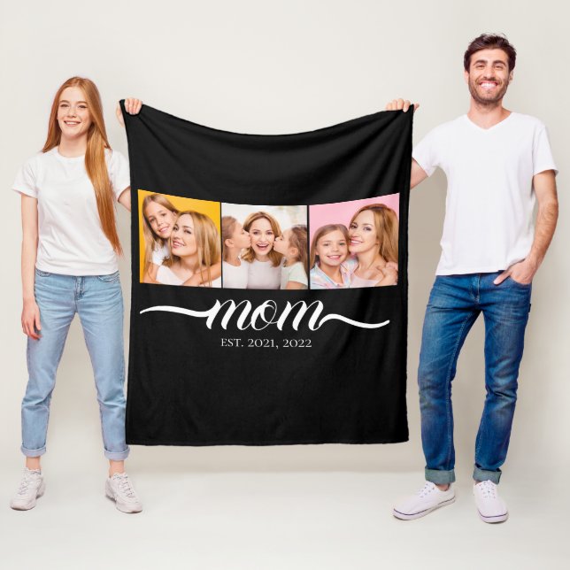 Mom Established Script Black 3 Photo Collage Fleece Blanket (In Situ)