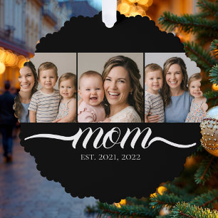 Mom Established Script Black 3 Photo Collage Ornament Card