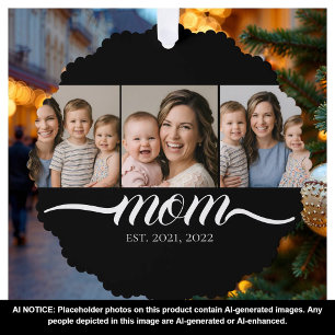 Mom Established Script Black 3 Photo Collage Ornament Card
