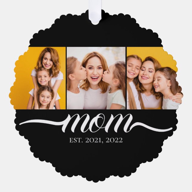 Mom Established Script Black 3 Photo Collage Ornament Card (Front)
