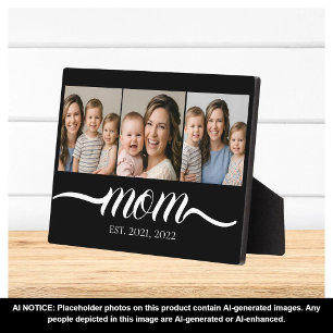 Mom Established Script Black 3 Photo Collage Plaque