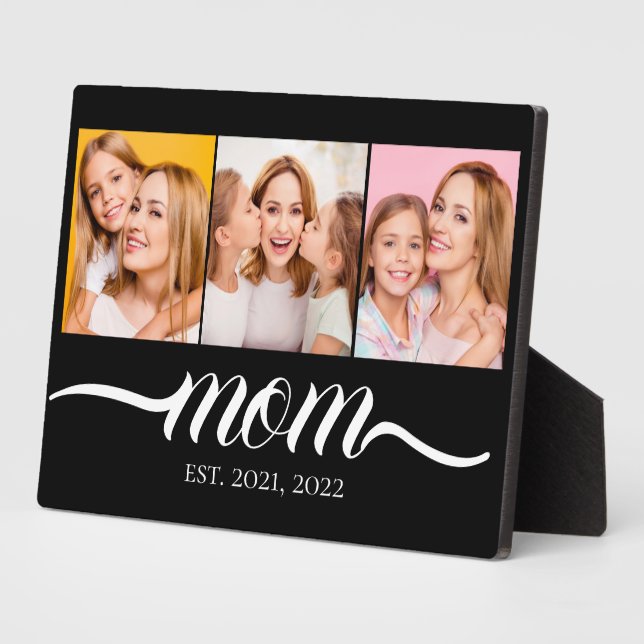 Mom Established Script Black 3 Photo Collage Plaque (Side)