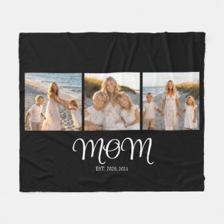Mom Established Script Black 3 Photo Fleece Blanket