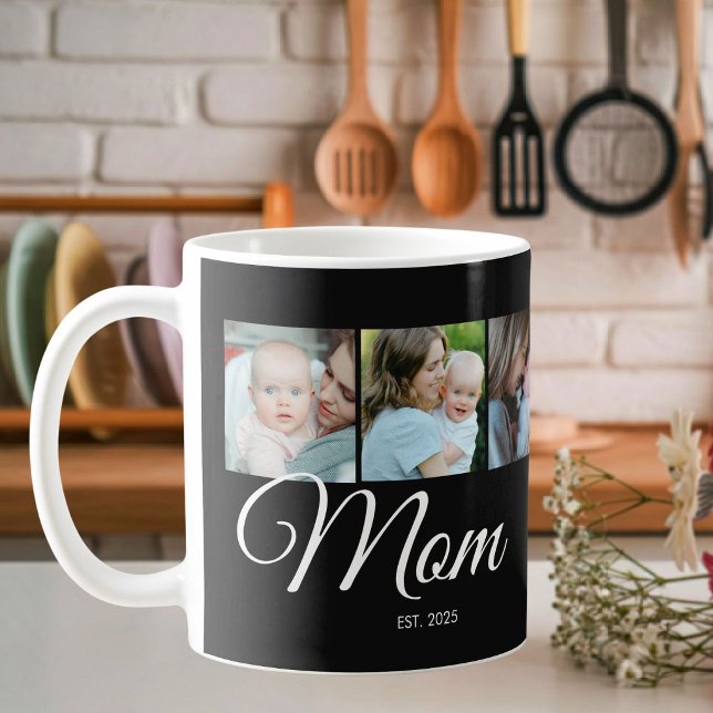 Mom Established Script Black 3 Photo Gift Coffee Mug (Creator Uploaded)