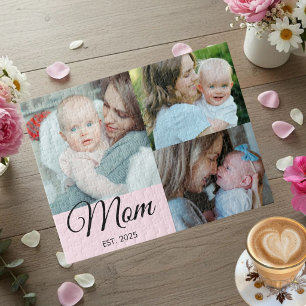 Mom Established Script Black 3 Photo Gift Jigsaw Puzzle