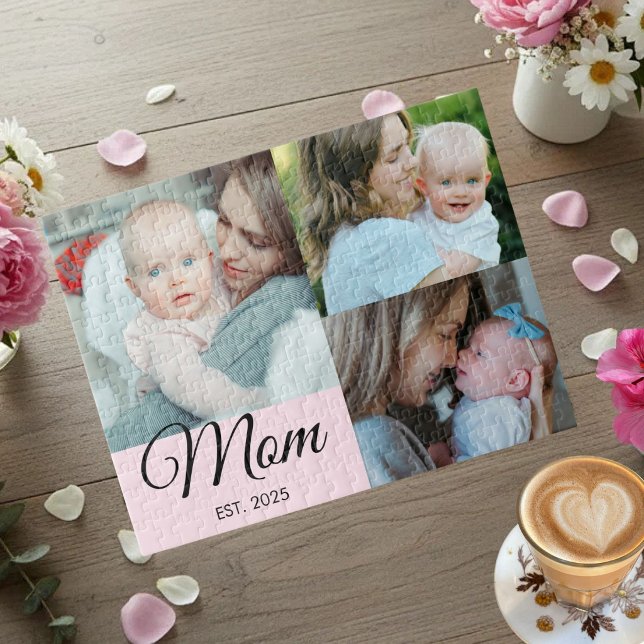Mom Established Script Black 3 Photo Gift Jigsaw Puzzle (Creator Uploaded)