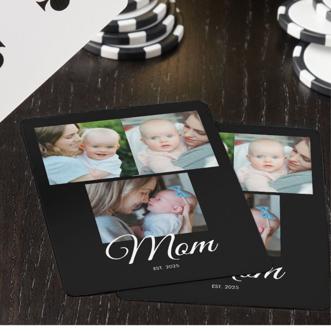 Mom Established Script Black 3 Photo Gift Playing Cards (Creator Uploaded)