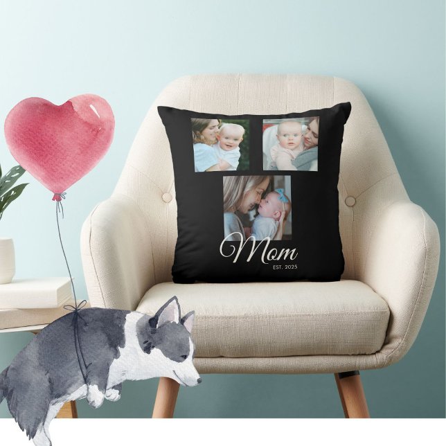 Mom Established Script Black 3 Photo Gift Throw Pillow (Creator Uploaded)