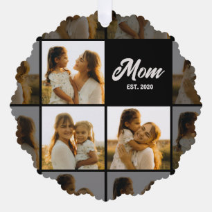 Mom Established Script Black 3 Photo Grid Ornament Card
