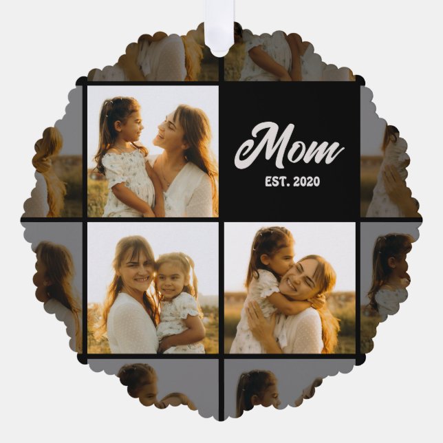 Mom Established Script Black 3 Photo Grid Ornament Card (Front)