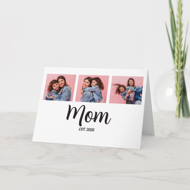 Mom Established Script Black 3 Photo  Holiday Card (Front)