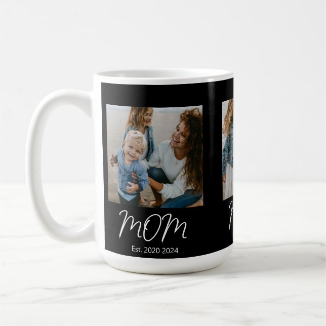 Mom Established Script Black 3 Photo Insulated Coffee Mug (Left)