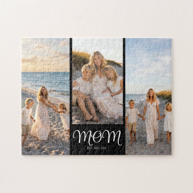 Mom Established Script Black 3 Photo Jigsaw Puzzle (Horizontal)