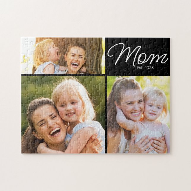 Mom Established Script Black 3 Photo Jigsaw Puzzle (Horizontal)